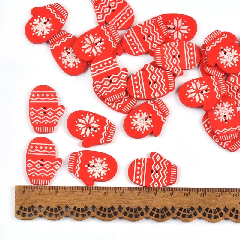 50pcs 30x23mm Red Printed Christmas Gloves Wooden Buttons 2holes Sewing Accessories DIY Handmade Crafts Garment Xmas Decor C3441