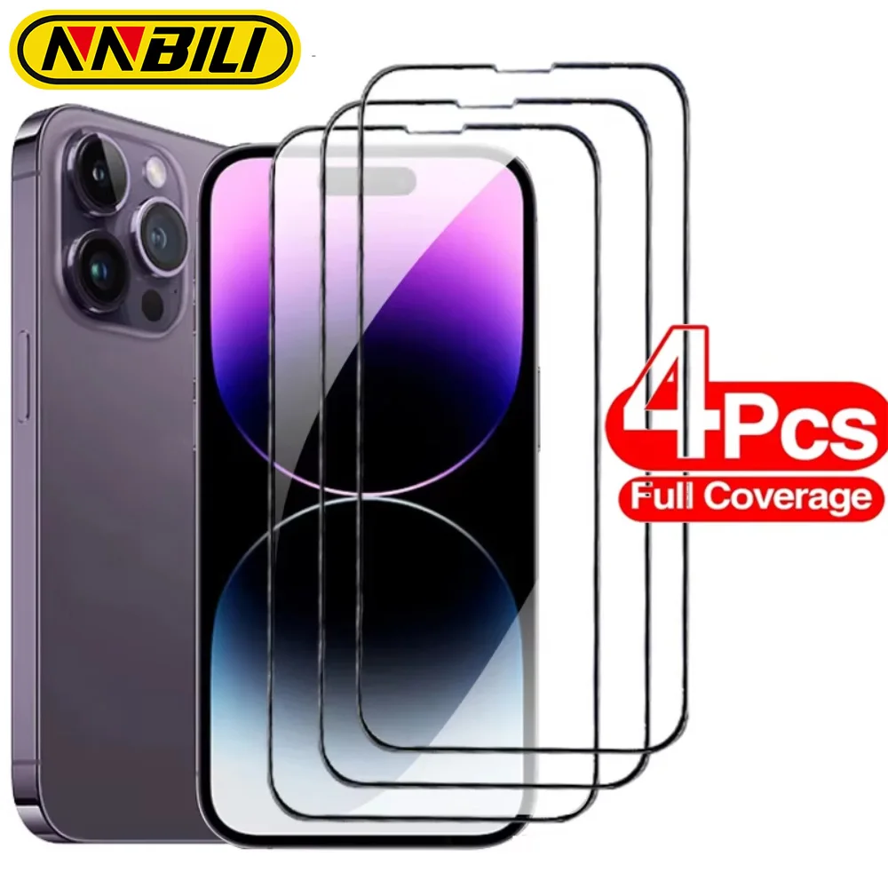 NNBILI 4 Stück gehärtetes Schutzglas für iPhone 14 13 12 11 15 16 17 18 Pro Max Mini 17Air XS Max 7 8 Displayschutzfolie auf Glas