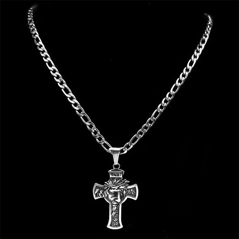 가시 왕관 예수 십자가 펜던트 목걸이 여성 남성용 스테인리스 스틸 블랙 그런지 십자가 남성 종교 체인 쥬얼리