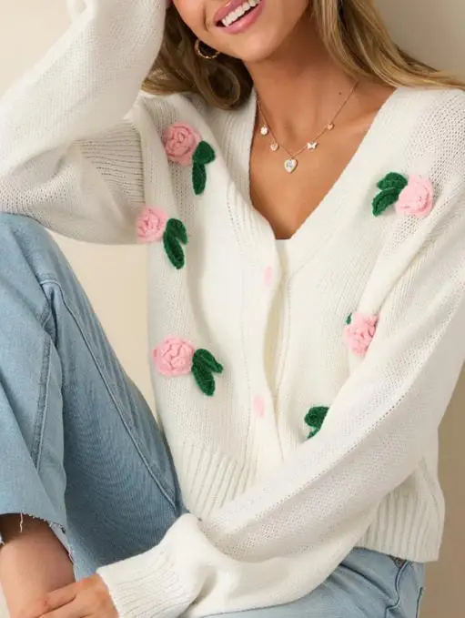 

Women's Cardigan 2025 Fashion 3D 3D Floral Women Sweater Cardigan Autumn/winter New Elegant Button Long Sleeved Knitted Sweater