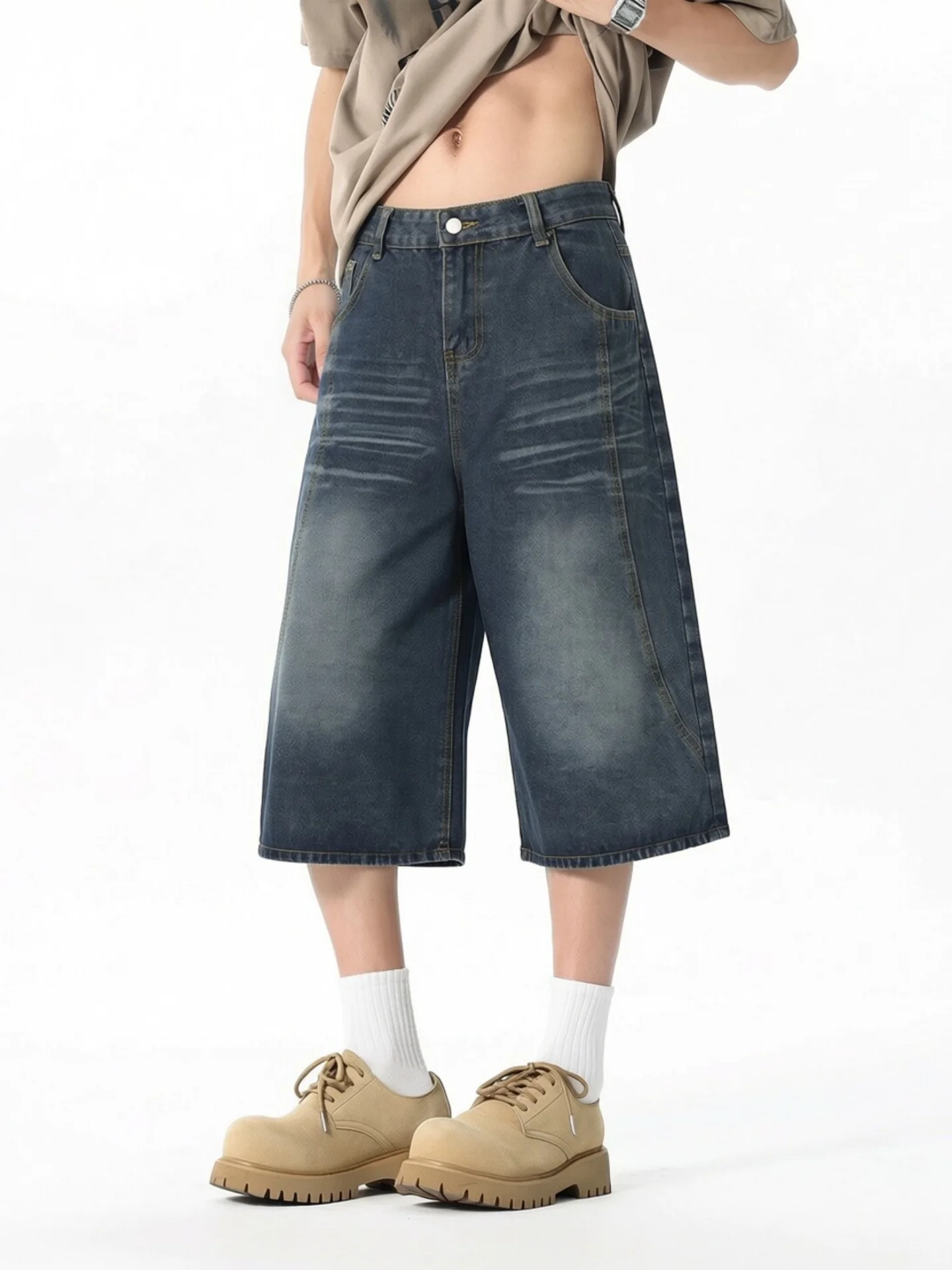 

Retro American Denim Shorts Men's Summer Washed Wide Leg 7-Length Straight Cut Casual Loose Fit Jeans Youth Trend Summer