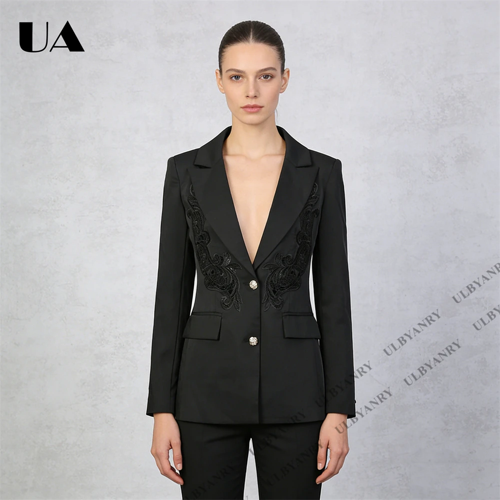 ULBYANRY Black Embroidery Suit Jacket for Women Single-Breasted Slim Fit Formal Evening Prom Suit Blazer Actual Pictures