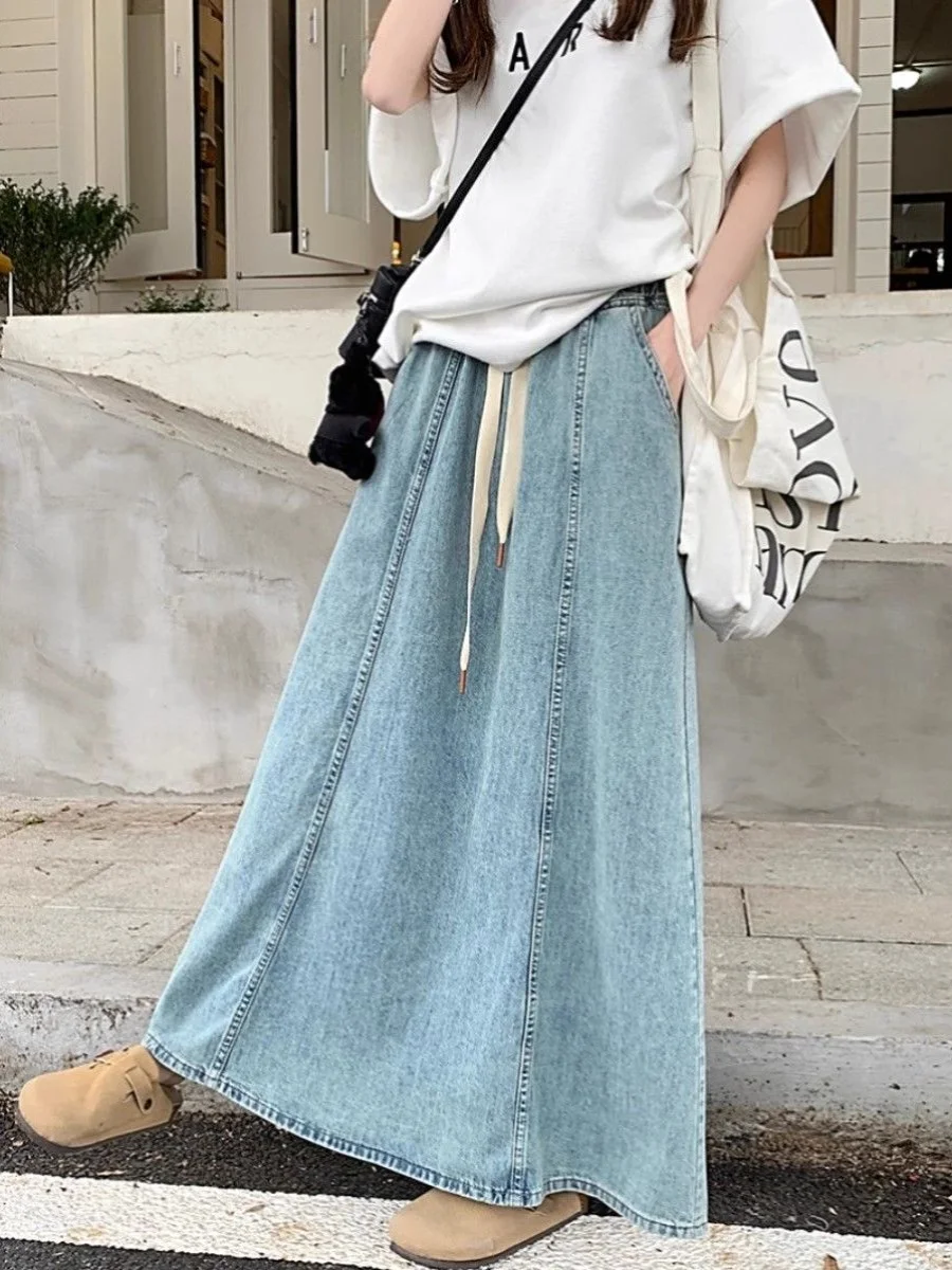 Plus Größe Vintage Hohe Taille Dstring Denim Rock frauen Frühling Herbst Lose Fit A-Line Langen Rock Abnehmen Wirkung