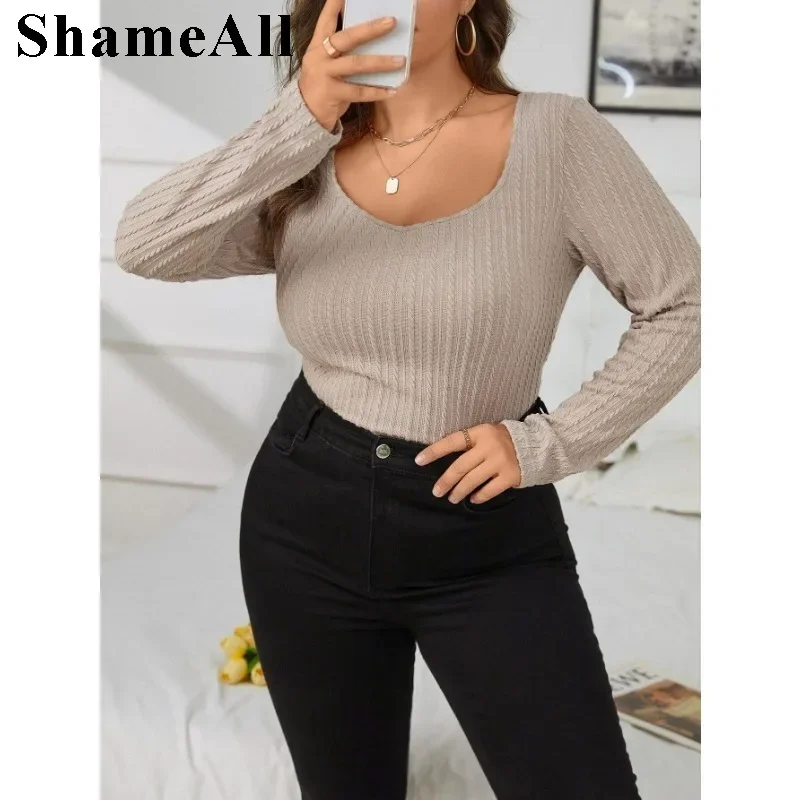 

Women's Plus Size Twist Pattern Knitting Tee 4XL Autumn Winter Slim Fit Plunge Square Neck Knitted Long Sleeve T-shirt Feminino