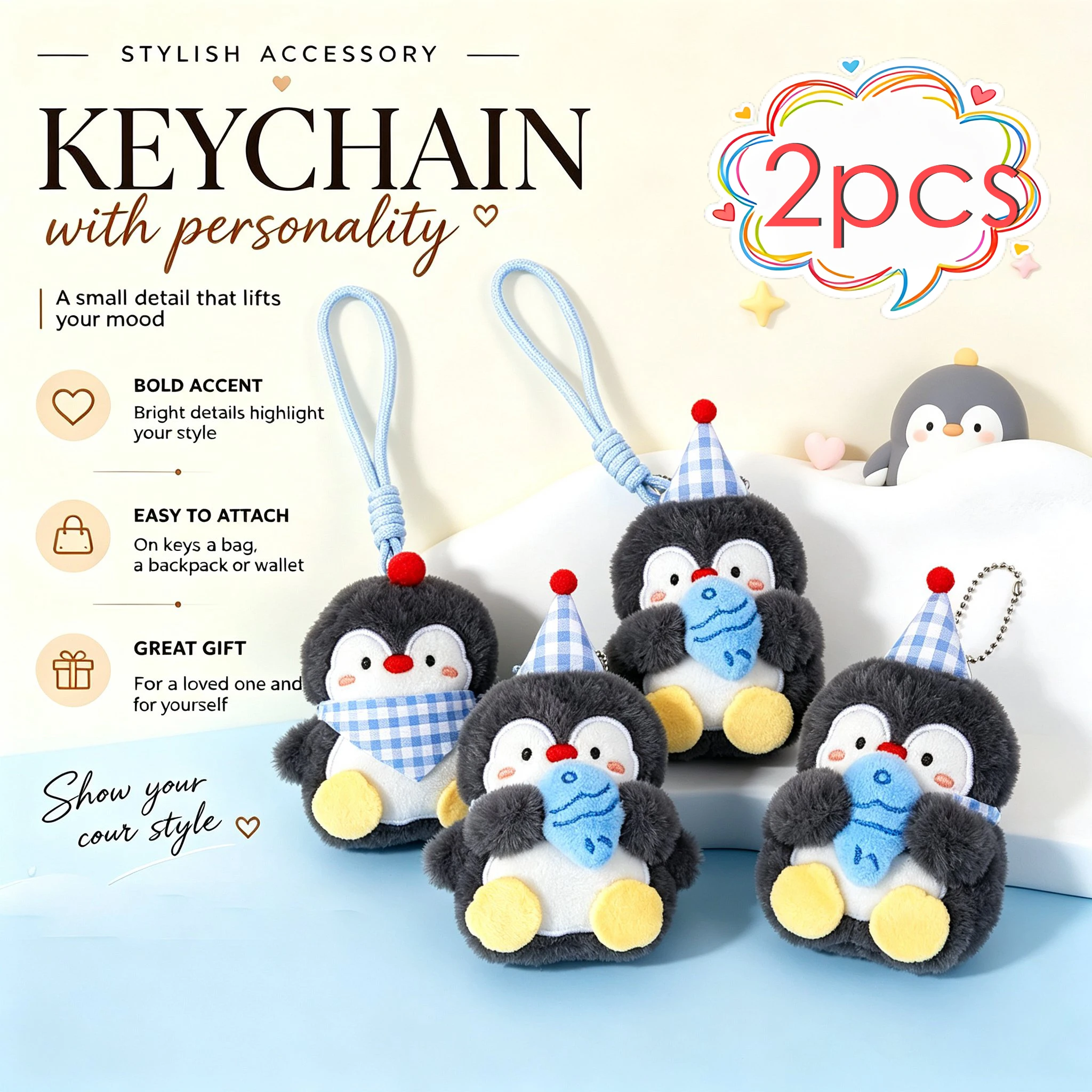 2Pcs Kawaii Penguin Plush Doll Keychain Animal Cartoon Bag Pendant Charm Keyring Christmas Birthday New Year Couple Gifts