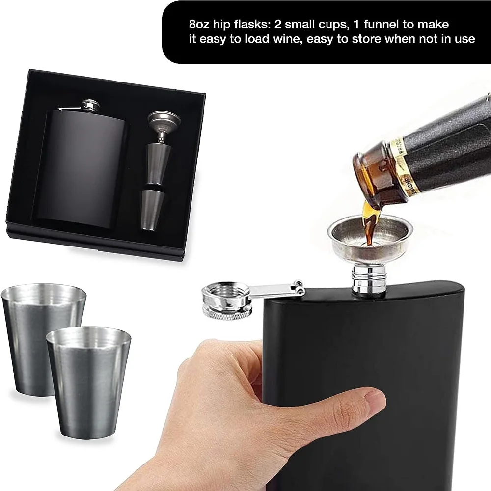 Stainless Steel Hip Flask Set, Whisky Wine Pot, Drinkware, Gift Flask, Drinker, Outdoor Pocket, Travel, Camping, 8oz