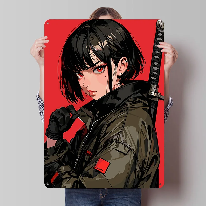 Anime Girl With Katana and Jacket Metal Poster Custom Wall Art Retro Vintage Tinplate Signs for Man Cave Home Decor Coffee Bar