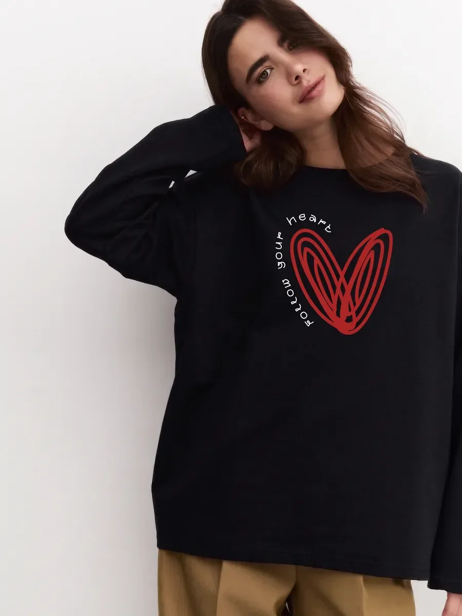 Cotton Women's Print T Shirt Long Sleeve Autumn New Cute Vibe Red Layered Heart Front Pattern Retro INS Style Loose Casual Top