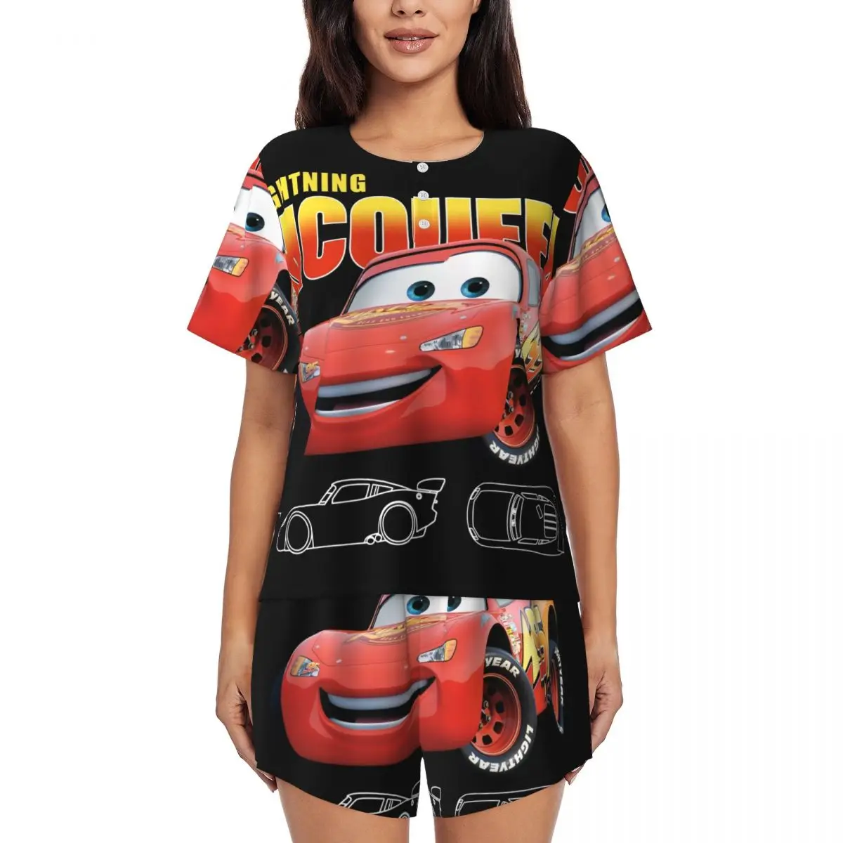 Custom Lightning Mcqueen Cars Pajamas Set Women\'s 2-Piece Short Sleeve Sleepwear Loungewear PJ Shorts Sets