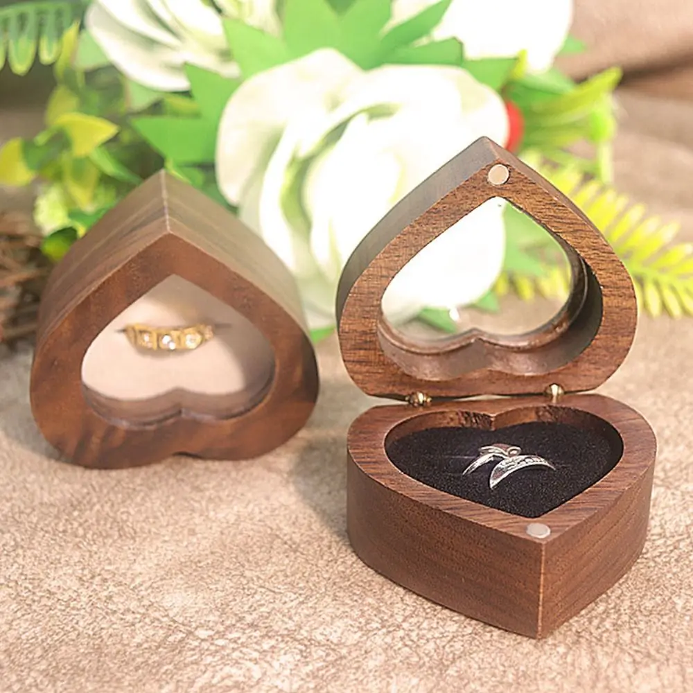 2 Slots Heart Rings Holder Magnetic Cover Wedding Walnut Wood Rings Box Storage Packaging Rings Bearer Box Propose