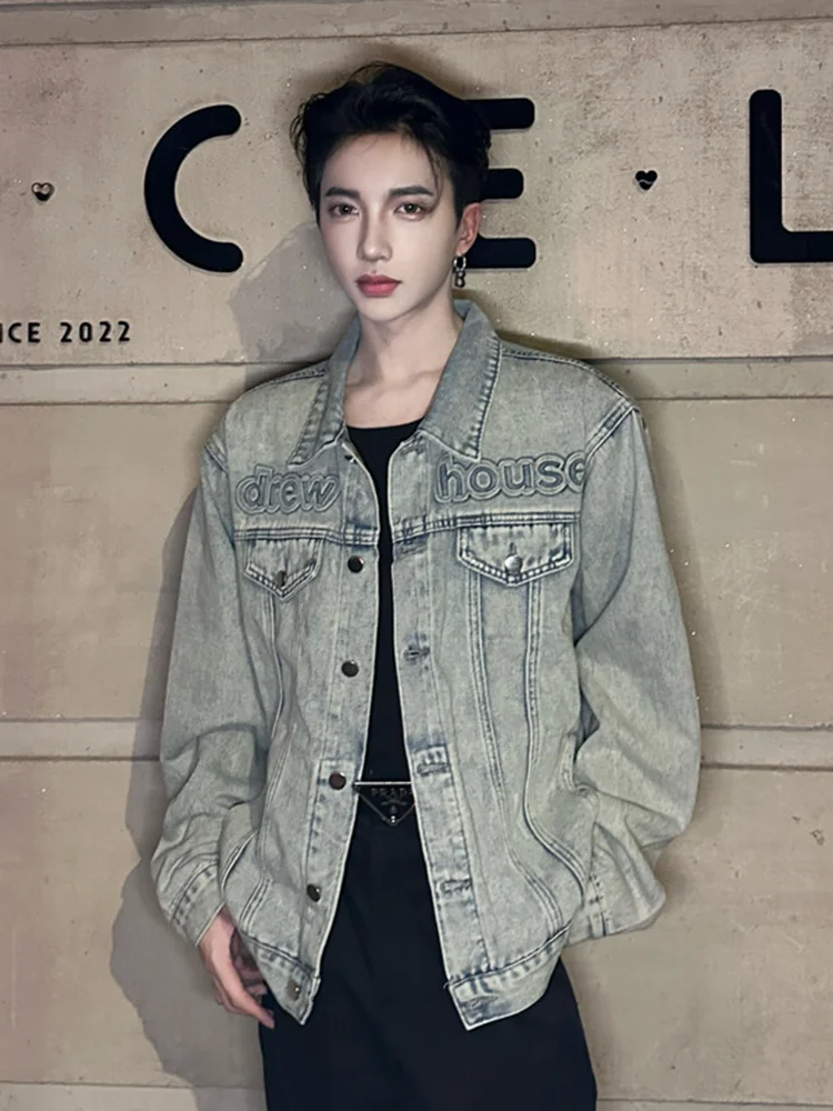 

Waed Vintage American High Street Men's Denim Jaet Spring Autumn Turn-down Collar Workwear Sle Slim Fit Youth Faion