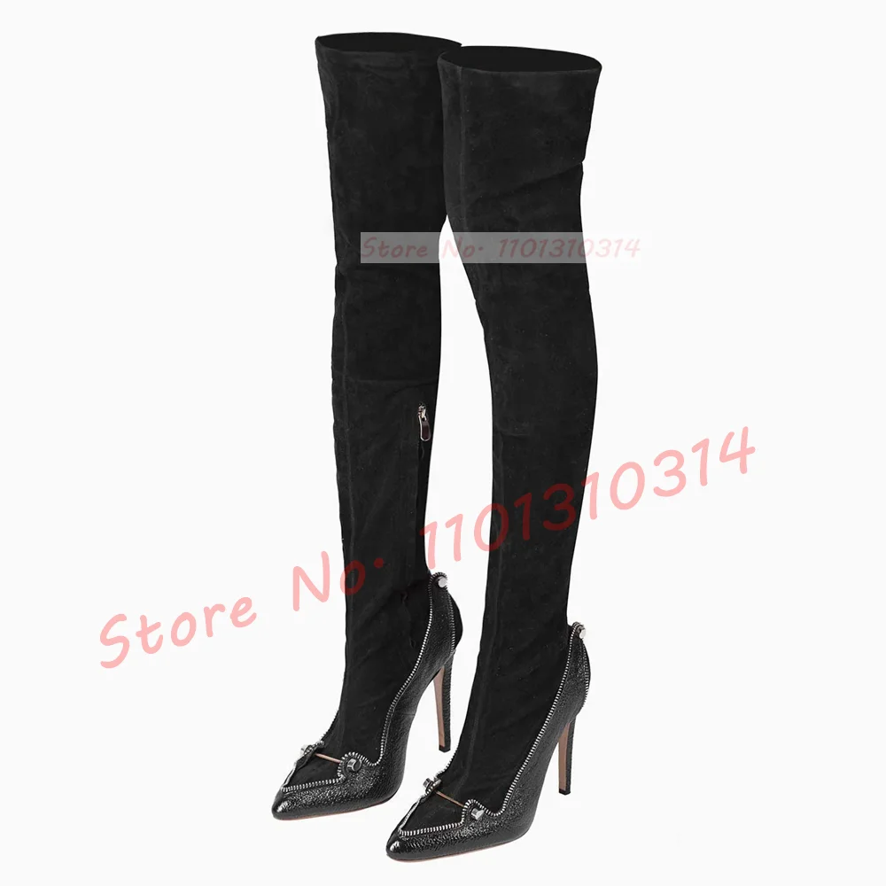 

Splicing Metal Nails Skinny Boots Women Newest Pointy Zipper Trim Cut Out Winter Shoes Thin High Heels Black Elegant Chic Boots