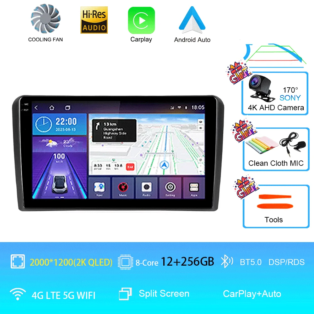 Android 16 Carplay Auto voor Audi A3 8P 2003-2013 autoradio 2din multimediaspeler GPS navigatie audio stereo DSP 360 camera 4G