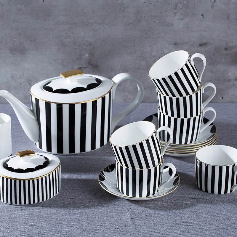 Nordic Striped Bone China Household 15 Head Coffee Set Black Striped Goose Egg Coffee Pot Sugar Cup Milk Cup Coffee Cup Saucer