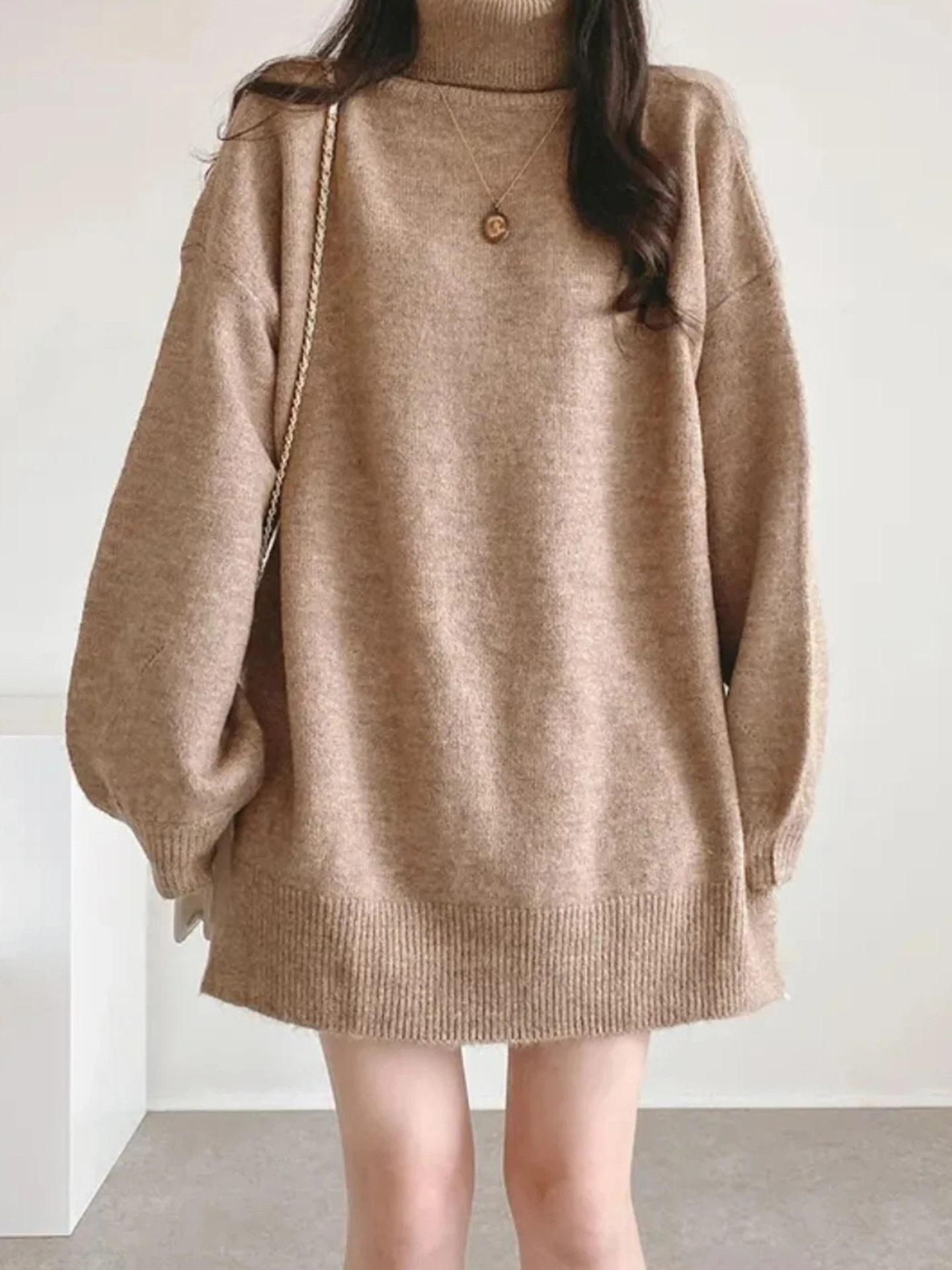 

Корейский вязаный свитер с высоким воротником, мягкий, свободного кроя, для женщин, осенне-зимний, больших размеров, универсальный, средней длины, стройнящий силуэт