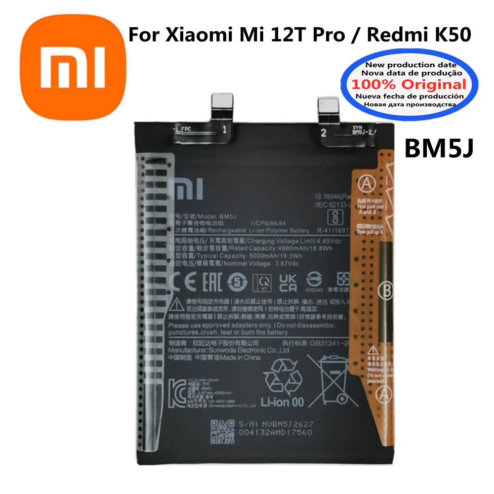 100% New Original BM5J 5000mAh Battery For Xiaomi Mi 12T Pro / Redmi K50 Genuine Mobile Phone Replacement Batteries