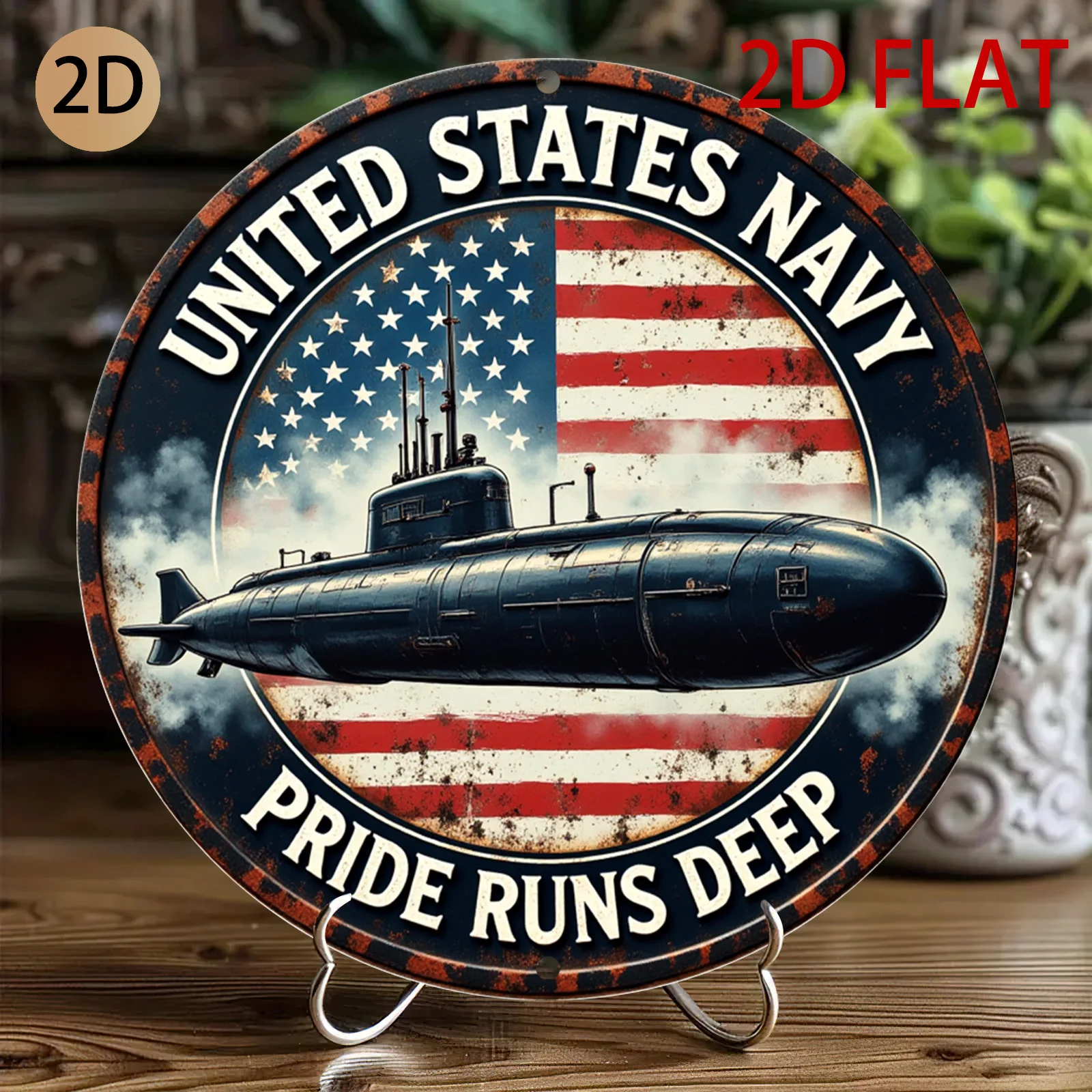 Vintage US Navy Submarine Metal Wall Art - Patriotic Americana Rustic Tin Sign with 