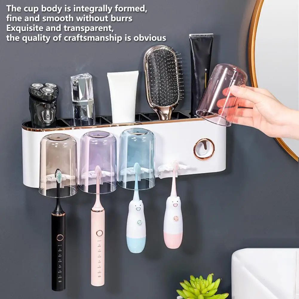 Toothbrush Rack Punch-free Dustproof Plastic Wall-mounted Toothbrush Holder with Mouthwash Cups Automatic Toothpaste Dispenser