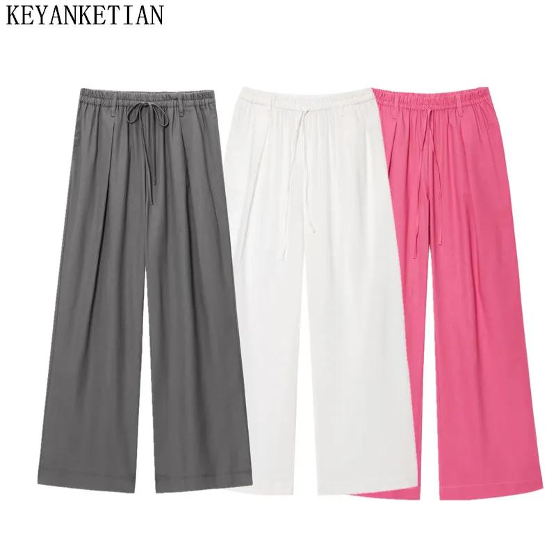 

KEYANKETIAN новые летние женские эластичные пояса с завязками на шнурке, плиссированные повседневные прямые брюки, женские длинные брюки