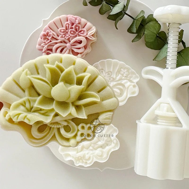 50g/75g Lotus Folding Fan Shape Mooncake Mold Mid-Autumn Festival Gift Fondant Cake Decoration Tools Baking Accessories