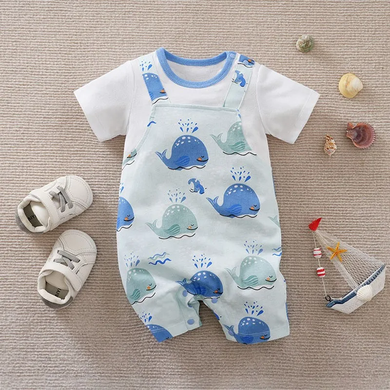 0-24M Summer Causal Baby Boys Girls Jumpsuits Cute Animal Print Short Sleeve Striped Kids Romper