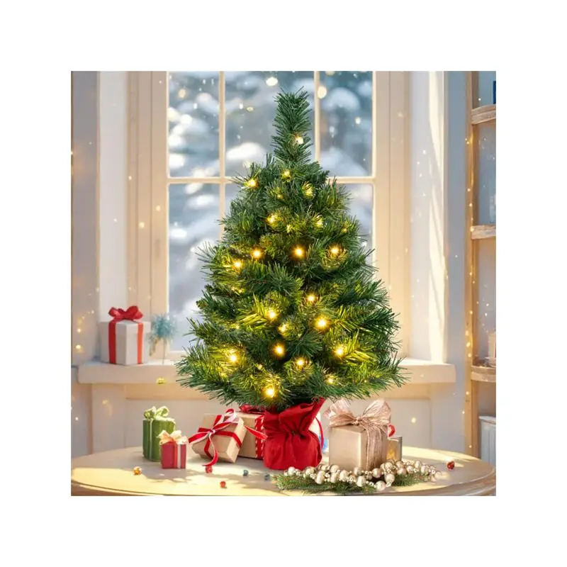 

24-дюймовая мини-искусственная рождественская елка, 71-наконечники ветвей, 35 светодиодов теплого белого цвета, огнестойкий ПВХ, цементная основа для столешницы или