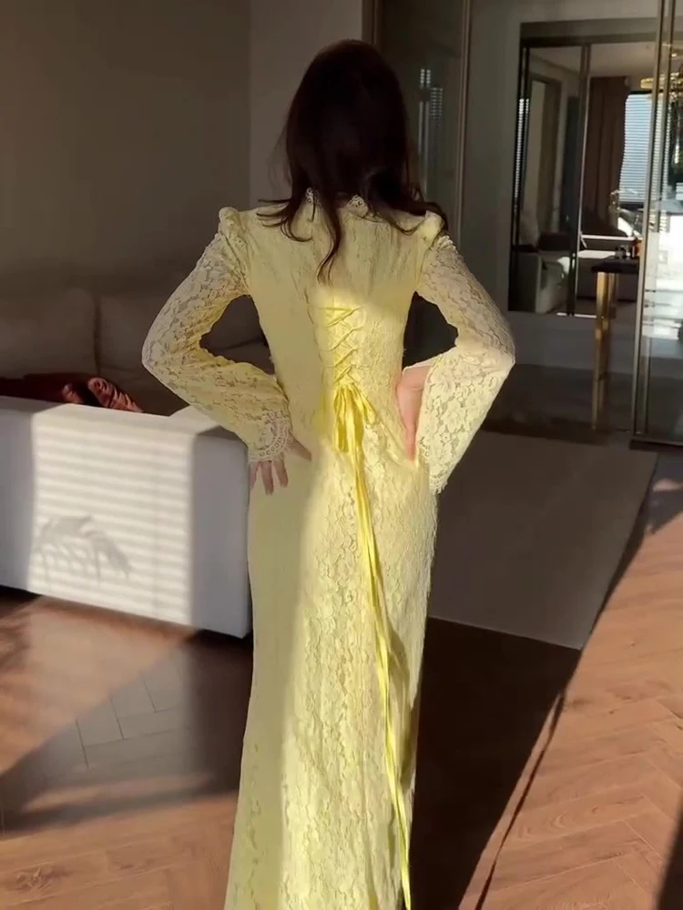 

Elegant Lady Slim Ruffles Wedding Party Dress Temperament High Waist Dress Light Luxury Style Lace Embroidery Pure Evening Dress