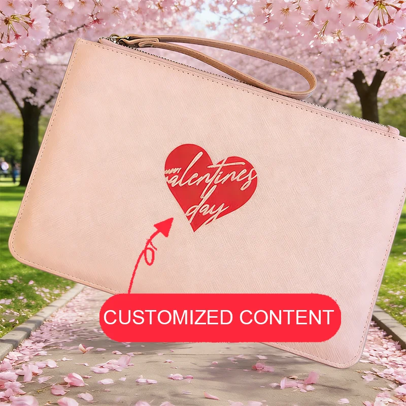 Customized unique Valentine's Day gift, PU zipper handbag, for outdoor storage, containing mobile phones, change, and keys.