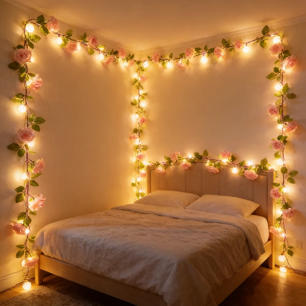 Battery Powered Home Decor Flower Green Leaf String Lights A