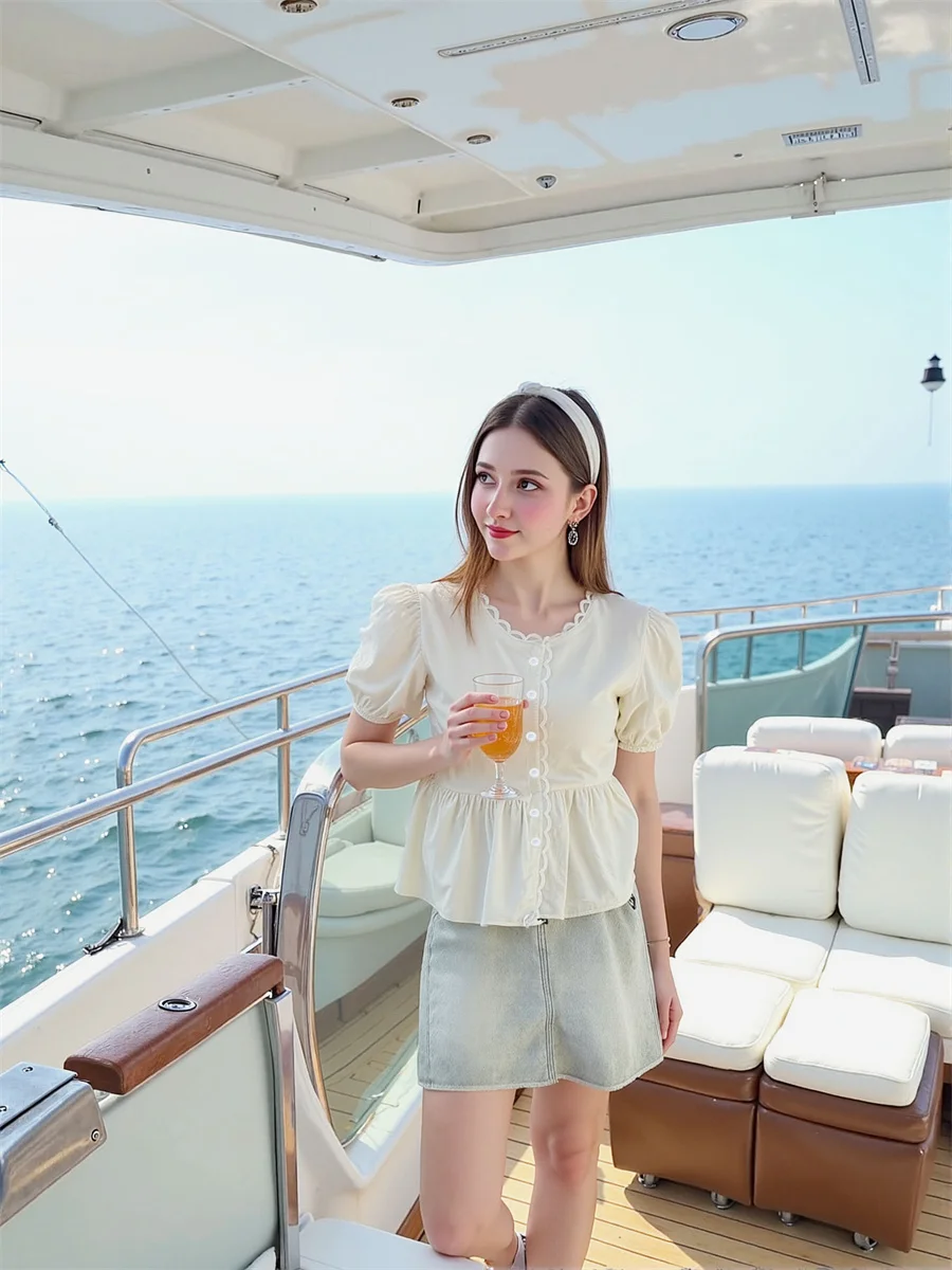 Camicie dolci Camicetta estiva da donna con maniche a sbuffo con colletto quadrato, giunzioni in pizzo e dettagli con volant per abiti quotidiani chic