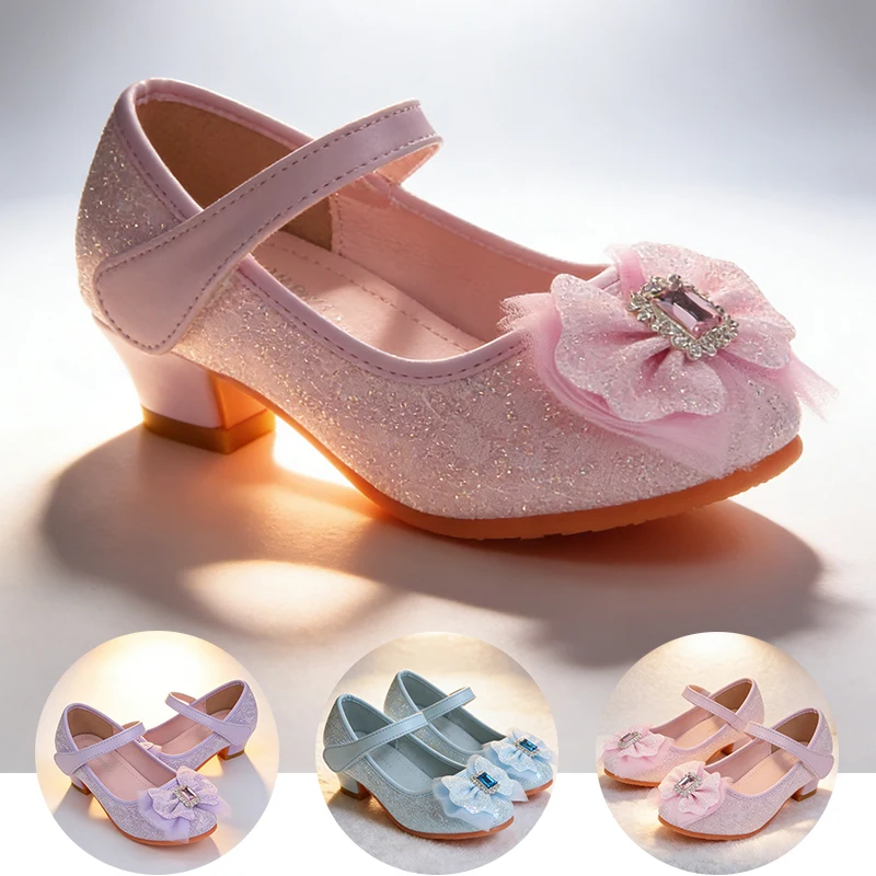 Fancy Girl Princess Dress Up Lace Flower Mary Jane High Heels Gorgeous Children's Christmas Cosplay Party Crystal Leather Shoes