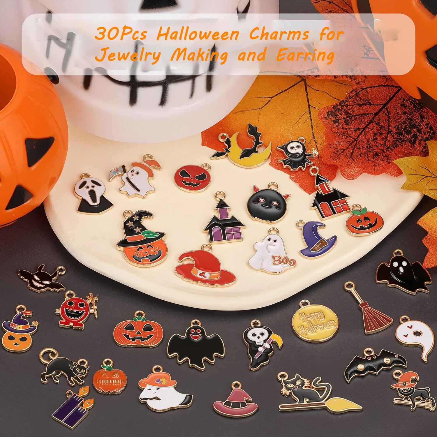 30 Stück Mini-Halloween-Anhänger aus Gold mit Emaille für Schmuckherstellung von Ohrringen, Armbändern und Halsketten – Detail 3