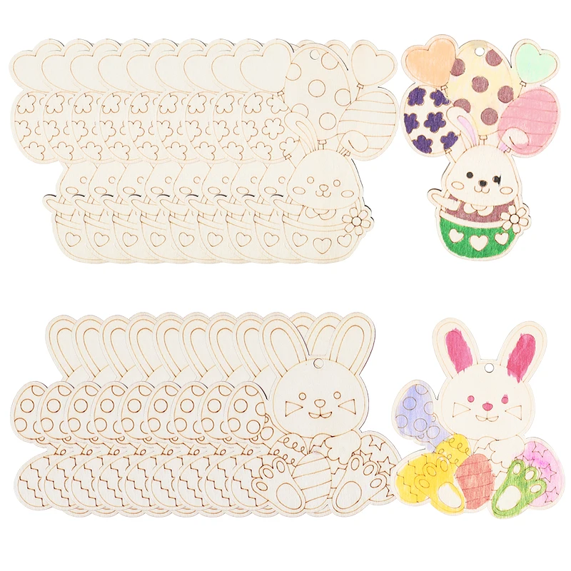 

10pcs Easter Rabbit Pendants Wooden Egg Hanging Ornament Kids DIY Painting Gifts Supplies Happy Easter Spring Party Decoration