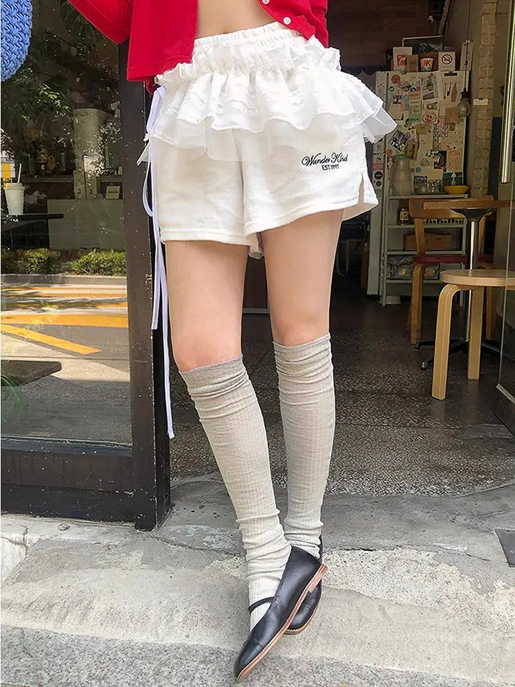 

Arnapan Sweet And Spicy Girl Lace Splice Net Gored Skirt Waist Match Drawstring Pleated Korean Style Scarf for Youth