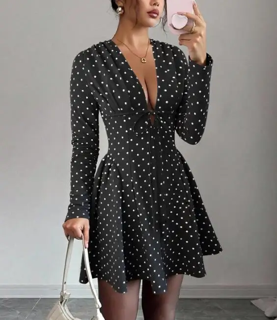 

Women Dresses 2026 Spring Autumn New Fashionable Sweet Polka Dot Print V-Neck Long Sleeved Elastic Waist A-Line Mini Dress