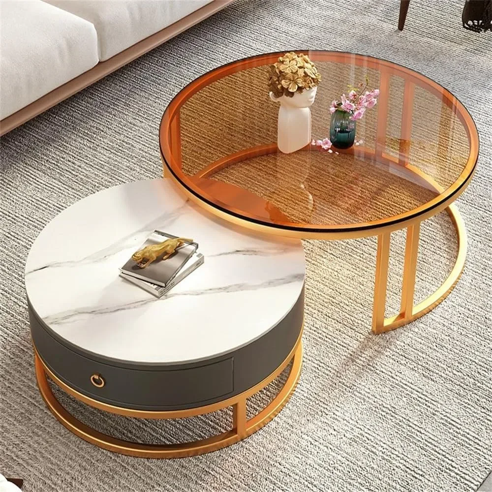 Coffee Table Set of 2, Round Center Tables with Storage Drawer Glass Slate Stone Side Table