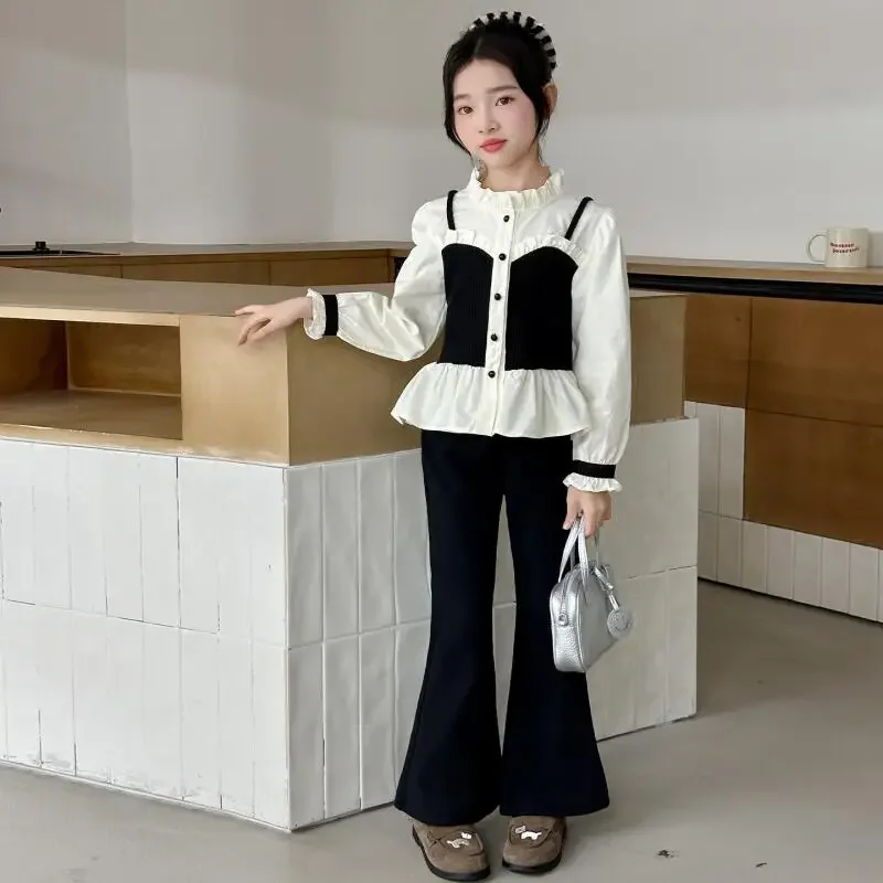 حار Kawaii فتاة بلوزات على الموضة فستان أطفال مع سروال داخلي طالب ربيع الخريف عادية الكرتون قميص جرس قيعان 2 قطعة مجموعة ملابس الأطفال