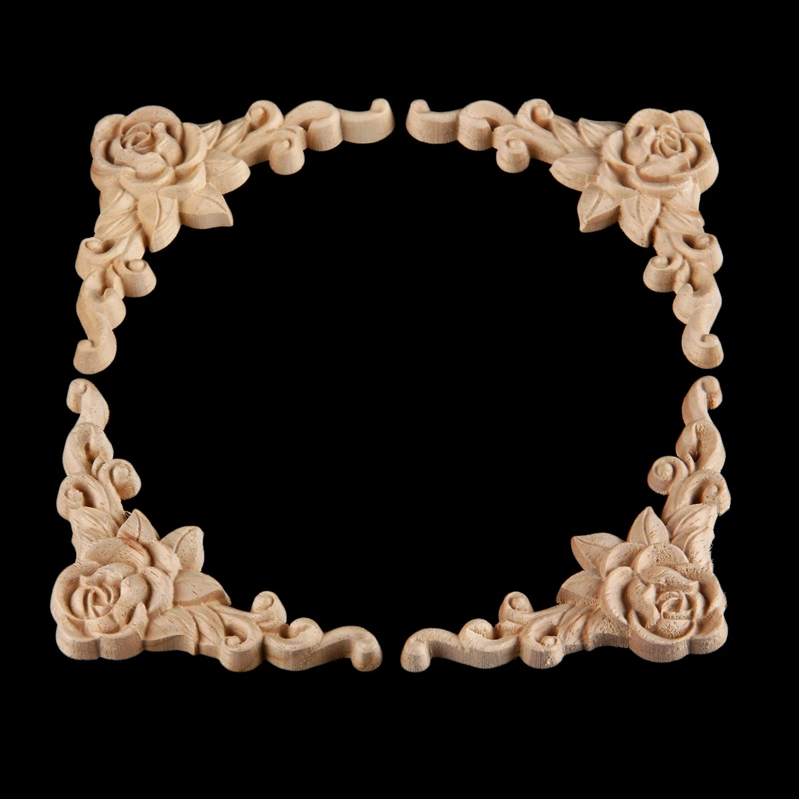 4pcs Rose Pattern Wood Appliques Onlays for Furniture Handmade Carved Corner Decor for Home Wall Door Cabinet Door Cabinet 8x8cm