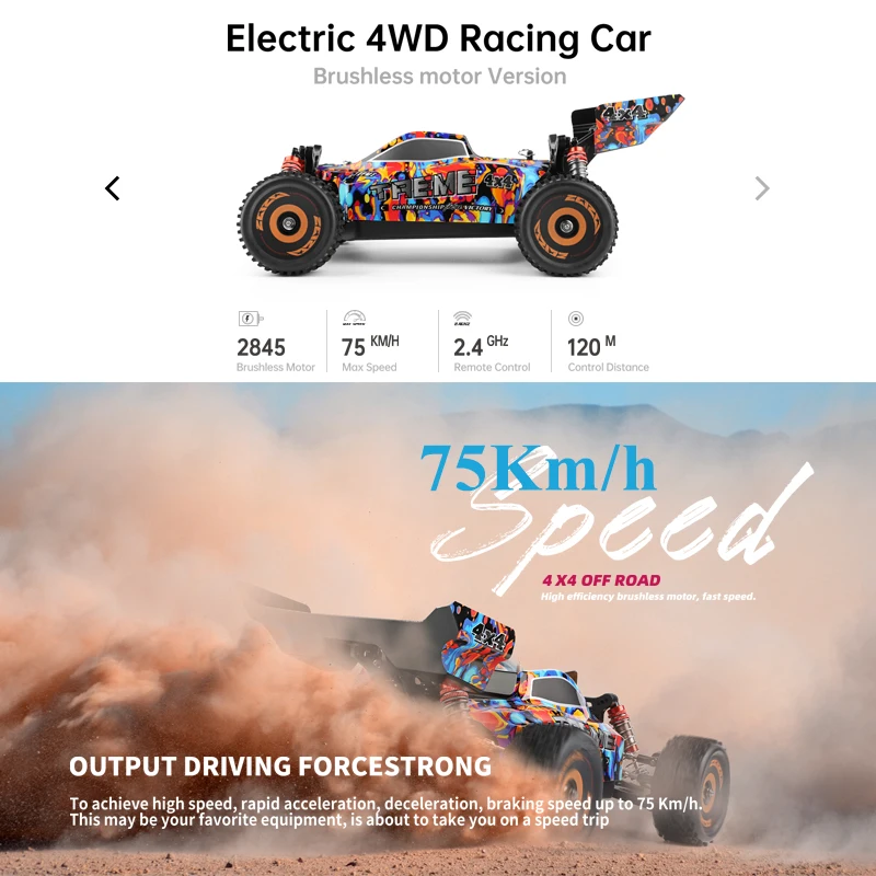 Wltoys 184016 75 Km/h 2.4G Rc Auto Borstelloze 4wd Elektrische Hoge Snelheid Off-Road Afstandsbediening Drift Speelgoed Voor Kinderen Racen