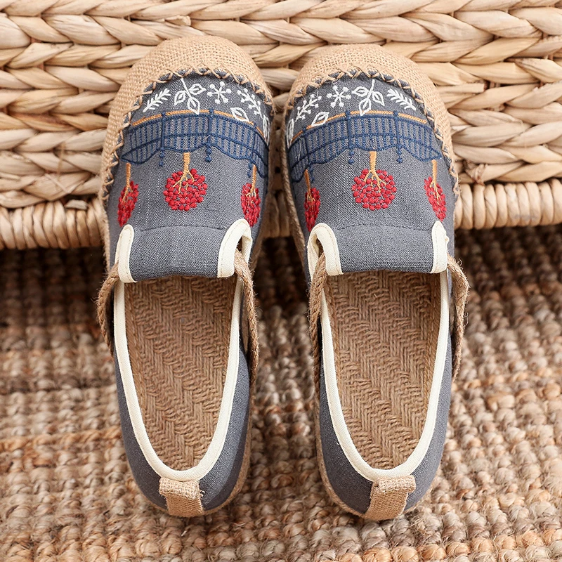 Veowalk Trees Embroidered Women Handmade Linen Cotton Slip On Espadrilles Flat Shoes Vegan Comfortable Loafers for walking