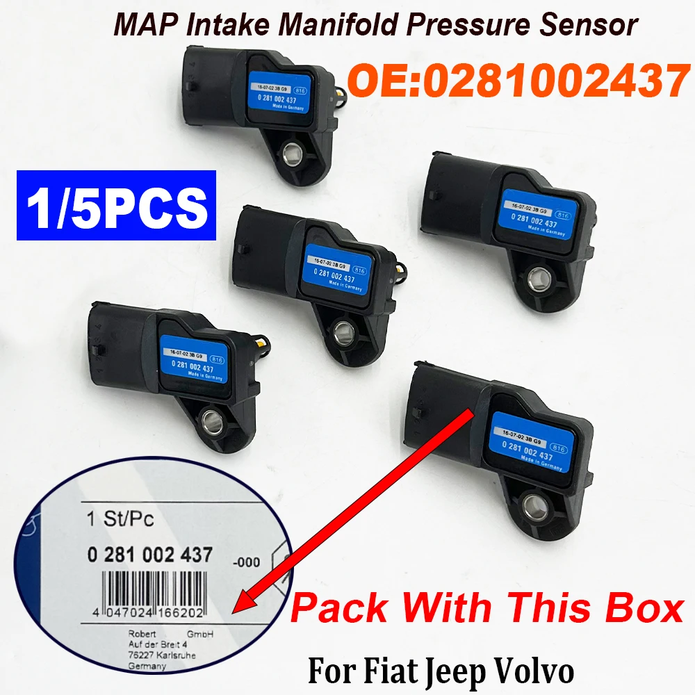 1/5PCS 0281002437 MAP Intake Air Pressure Sensor 281002437 0281006076 93171176 24459853 For Fiatt J-eep Volvoo