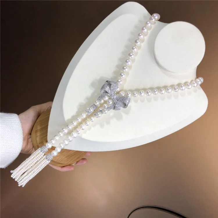 Hand knotted white 8-9mm freshwater cultured pearl micro inlay zircon accessories pendant sweater necklace