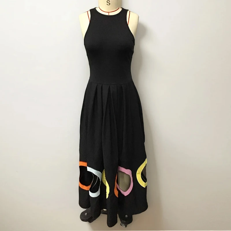 Women Round Neck Circle Hollow Out Pleated A-Line Tank Dress Summer Sleeveless High Waist Long Dresses Holiday Beach Dresses