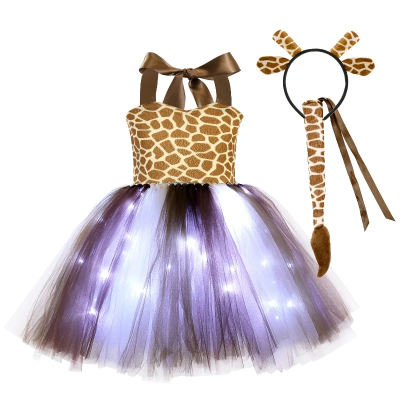 Shiny LED Light-Up Tutu Dress, Sleeveless Kids Princess Long Tulle Dress with Cartoon Giraffe Pattern for  Festive Occasions