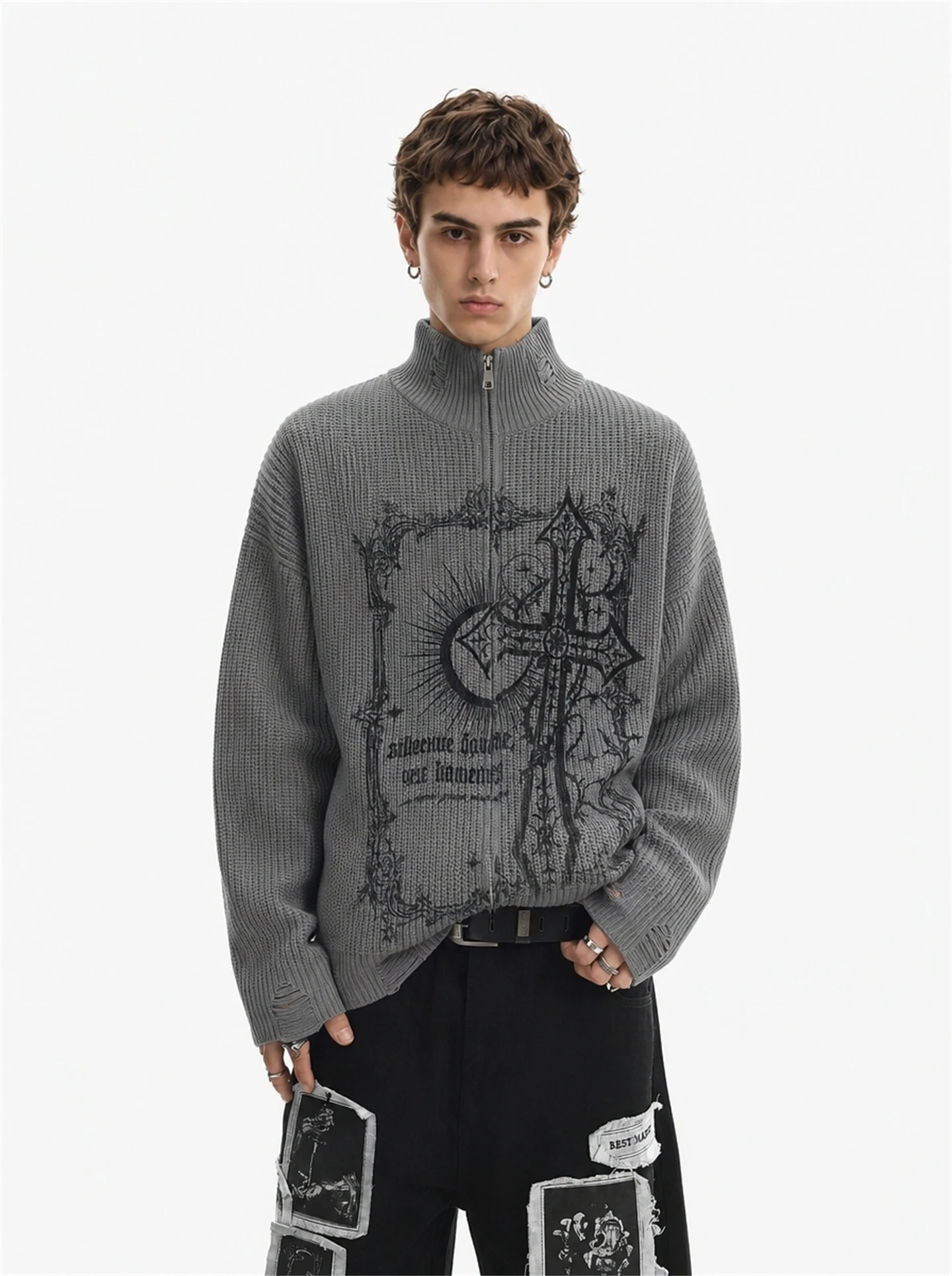 BETEBULE American Retro Subculture Print Men's Sweater Autumn New Loose Hole Knitwear Casual Outdoor Daily Commuting