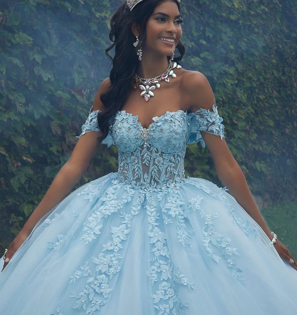 EVLAST мексиканское синее платье Quinceanera бальное платье с кристаллами и бисером кружевные аппликации корсет с бантами Sweet 16 Vestido De 15 лет TQD079