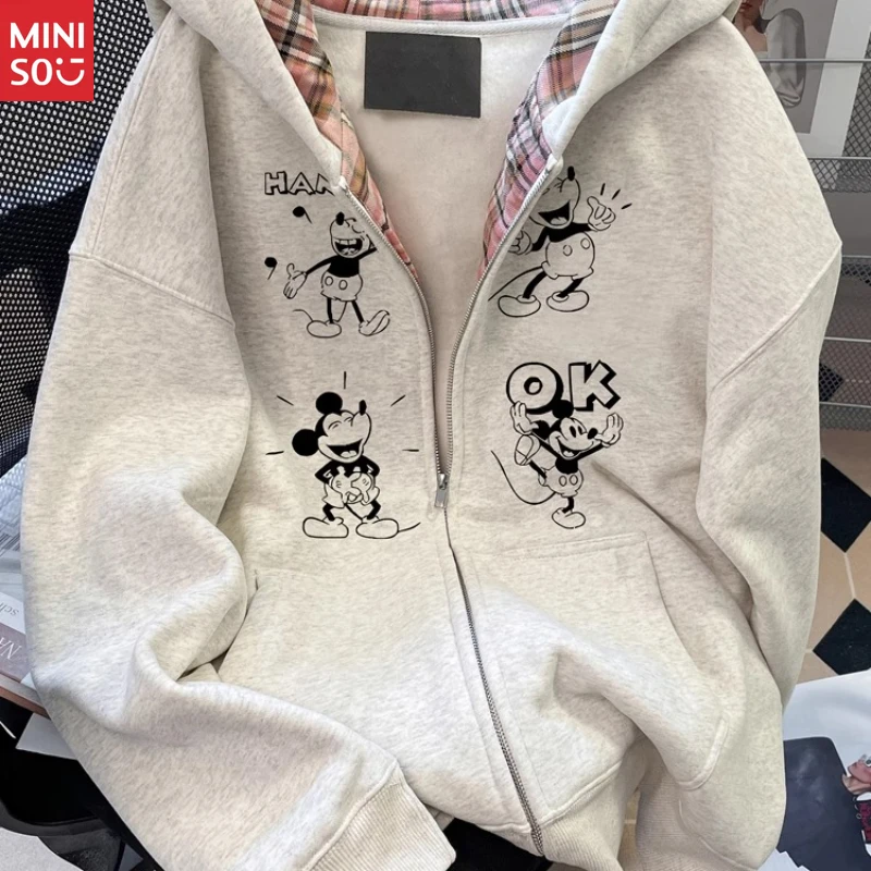 

Miniso Mickey Zip Hoodie | Women's Plush Cardigan, Euro Style Winter Coat