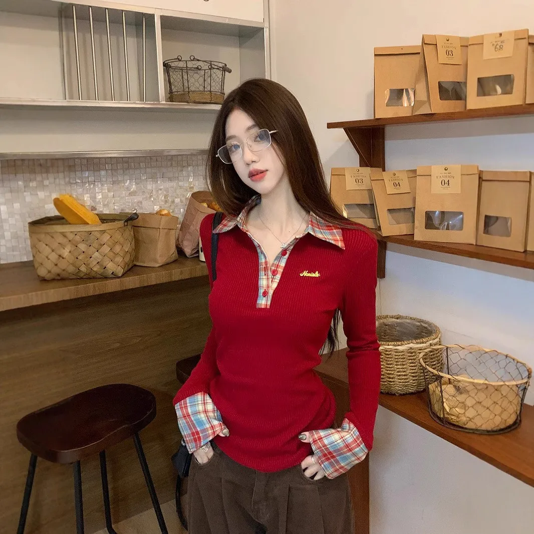 

Women's Polo Collar T-shirt, Plaid Patchwork Tees, Casual Slim-fit Tops, 2025