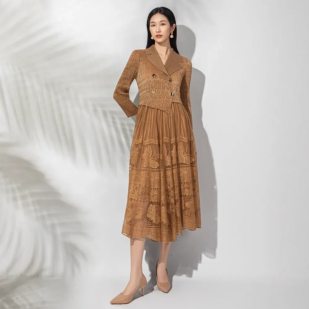 

Miyake Dress 2025 New Suit Collar Long-sleeved Dress Cross-border Temperament Loose Slim and Thin Pleated Skirt Women's Clothing