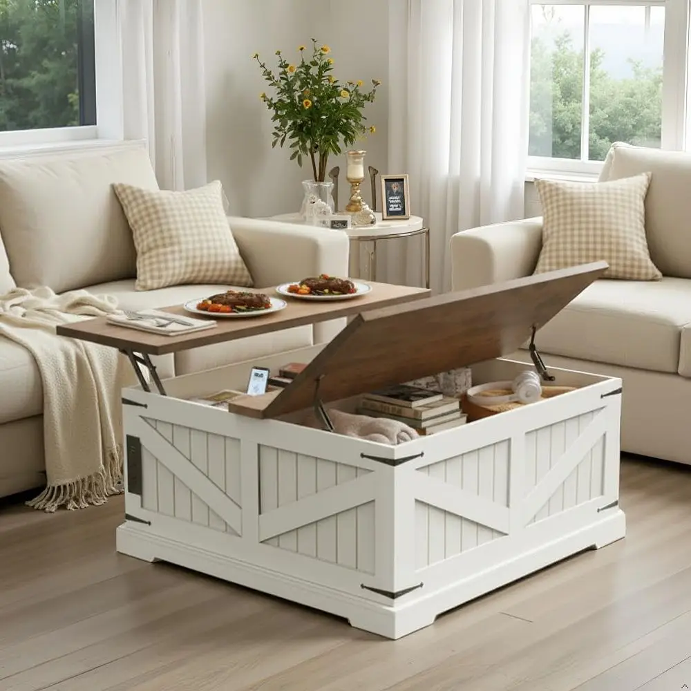 36 Lit Top Coffee Table with Storage and Charging Station, Square Coffee Table with Hidden Compartment, Adjustable Laptop Desk o